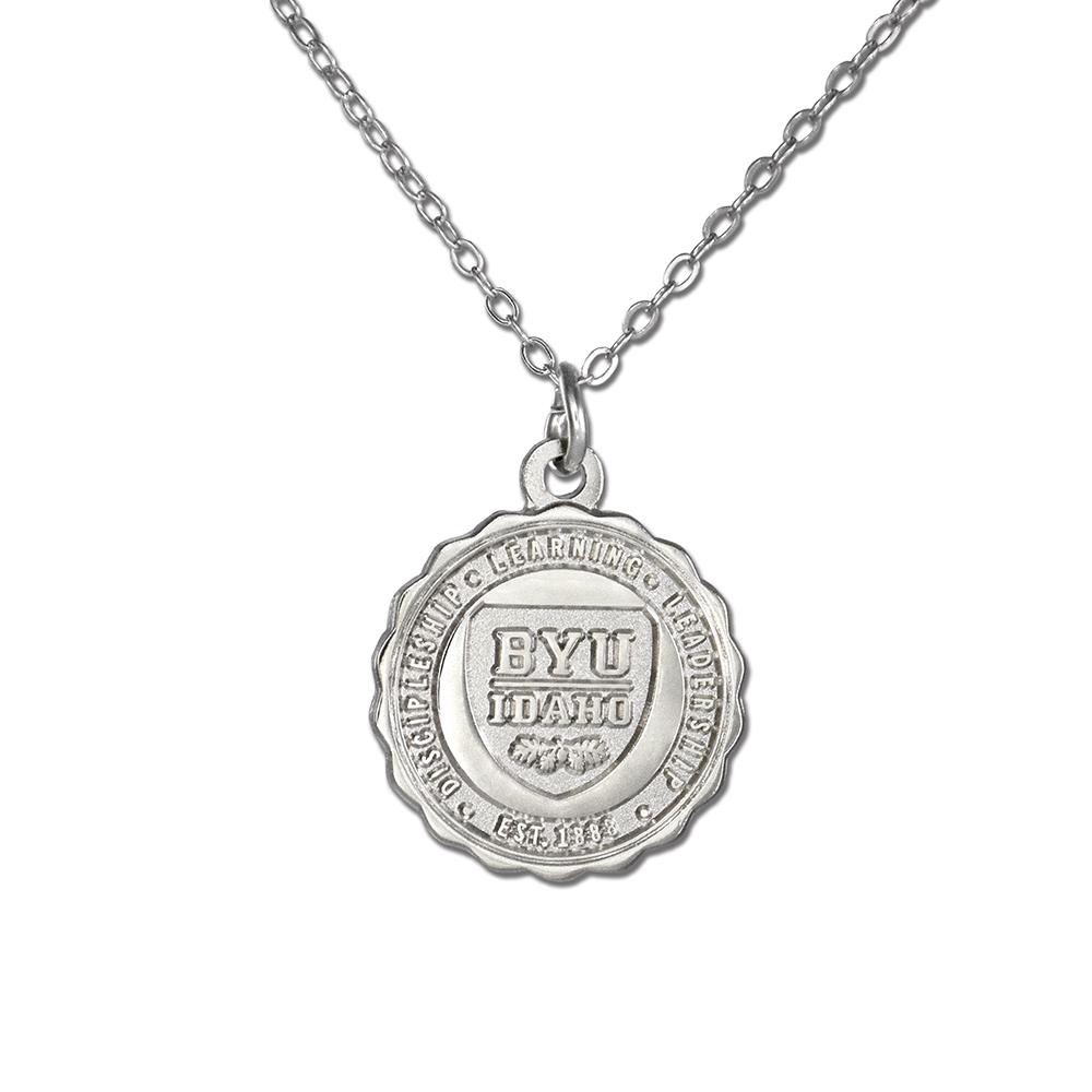 BYU Idaho Crest Necklace featuring a silver finish pendant and adjustable chain.