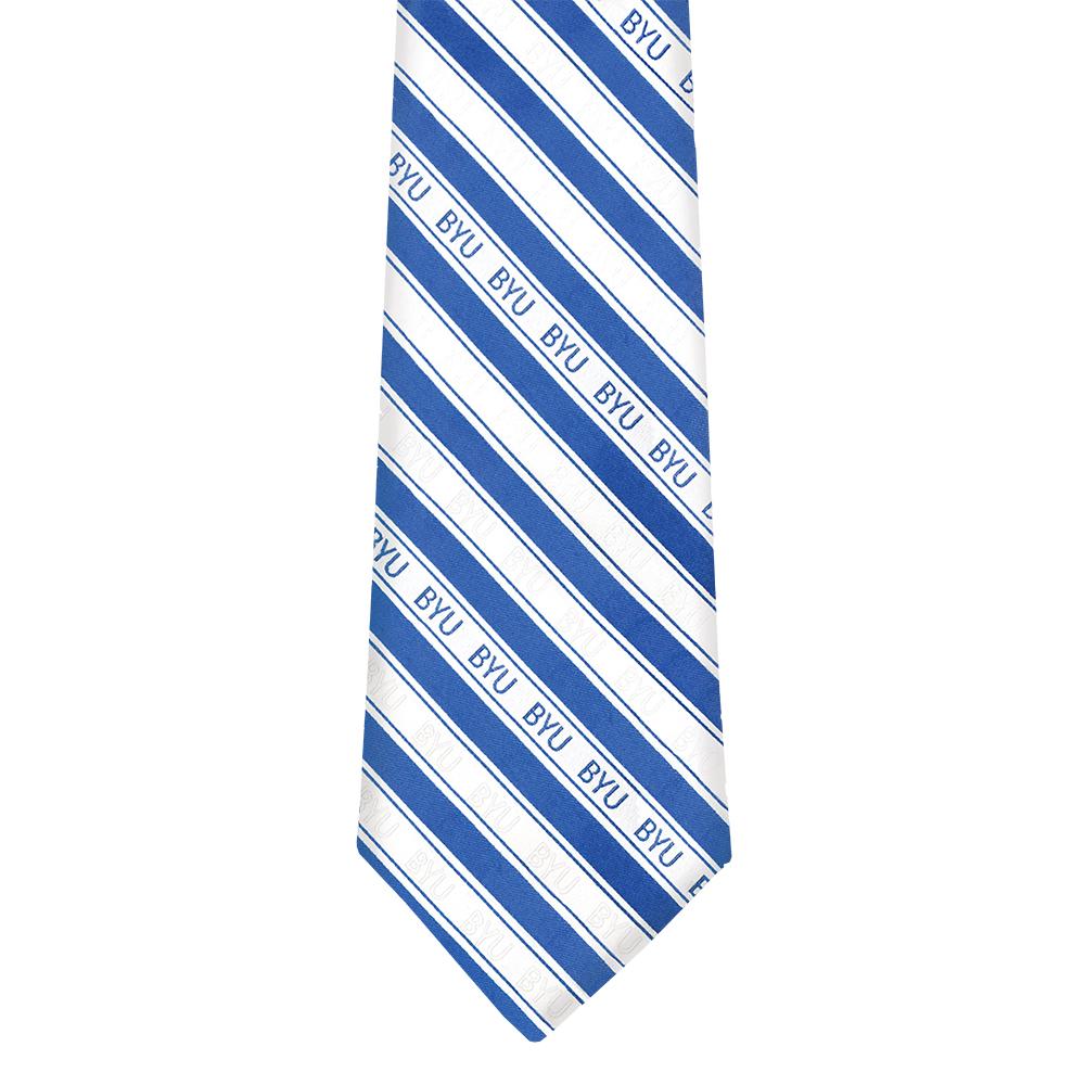 A stylish BYU Youth Tie featuring trendy stripes, made from durable microfiber, perfect for young fans.