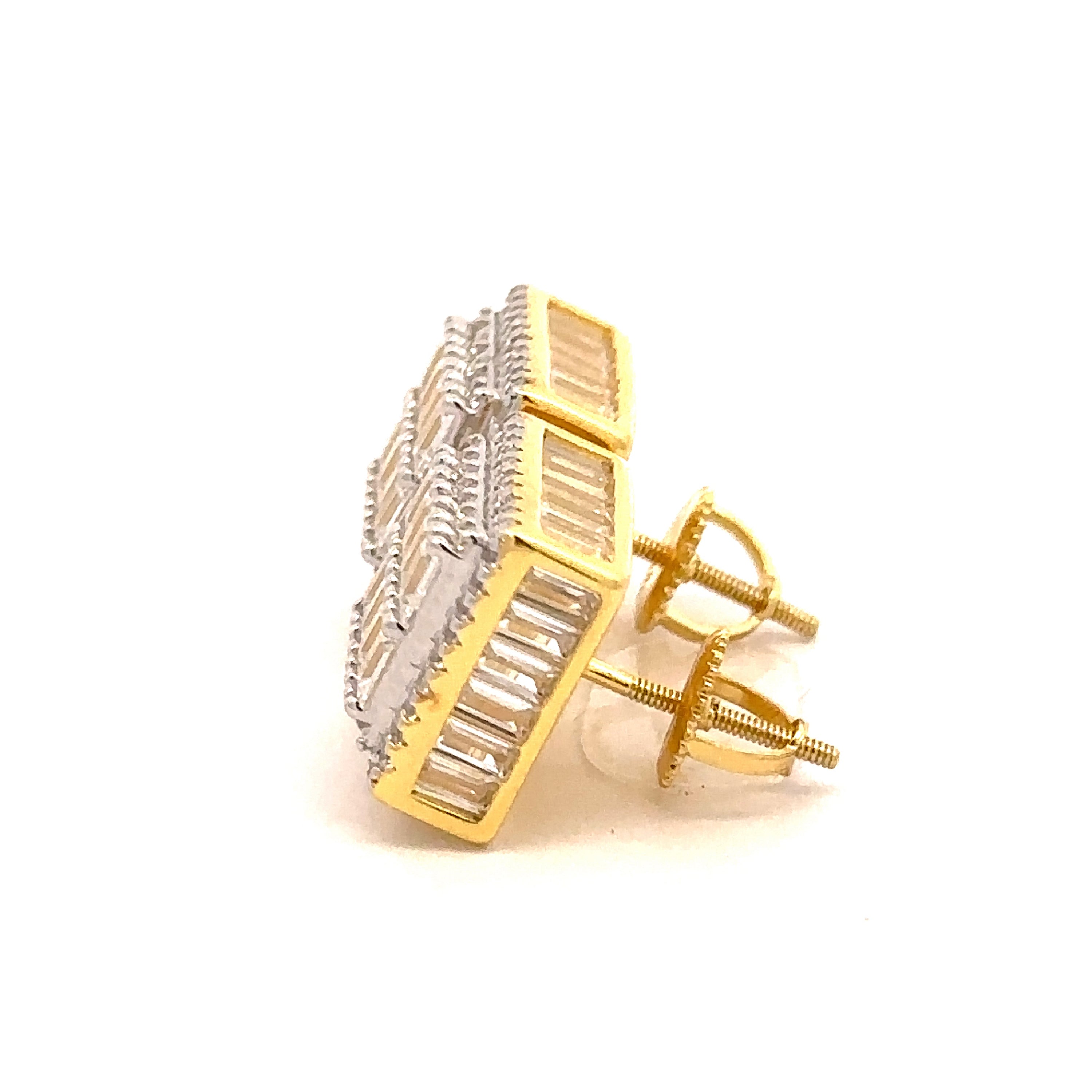 CADENZA 925 CZ Gold Iced Out Earrings featuring sparkling cubic zirconia stones set in 925 sterling silver, perfect for any occasion.