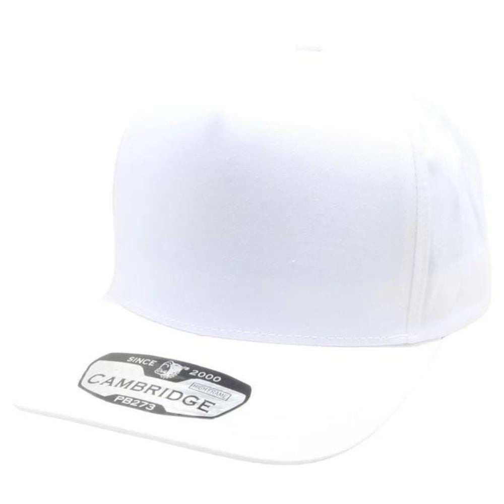 CAMBRIDGE 5 PANEL HIGH FRAME caps in a pack of 6, featuring a structured design, adjustable snapback, and curved visor for sun protection.