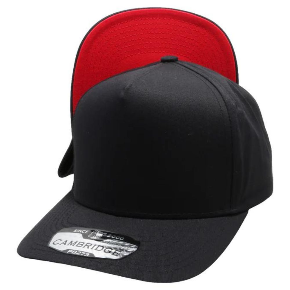 CAMBRIDGE 5 PANEL HIGH FRAME caps in a pack of 6, featuring a structured design, adjustable snapback, and curved visor for sun protection.