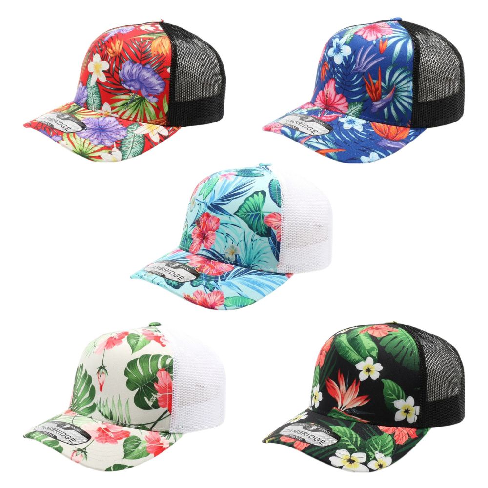 A pack of six CAMBRIDGE 5 PANEL MESH BACK caps featuring a mid-profile crown and curved visor, made from durable polyester.