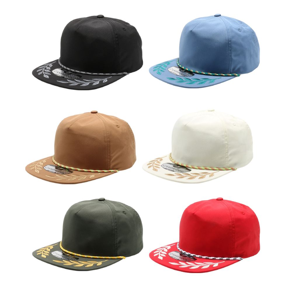 CAMBRIDGE 5 PANEL UNSTRUCTURED BAY LEAF SNAPBACK cap featuring a high profile, flat visor, and adjustable plastic snapback closure.