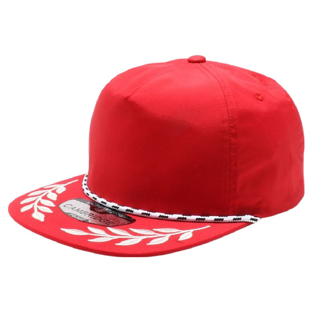 CAMBRIDGE 5 PANEL UNSTRUCTURED BAY LEAF SNAPBACK cap featuring a high profile, flat visor, and adjustable plastic snapback closure.