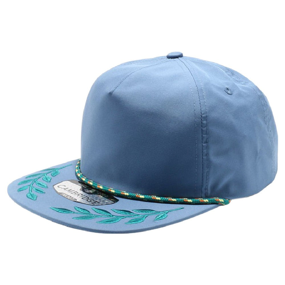 CAMBRIDGE 5 PANEL UNSTRUCTURED BAY LEAF SNAPBACK cap featuring a high profile, flat visor, and adjustable plastic snapback closure.