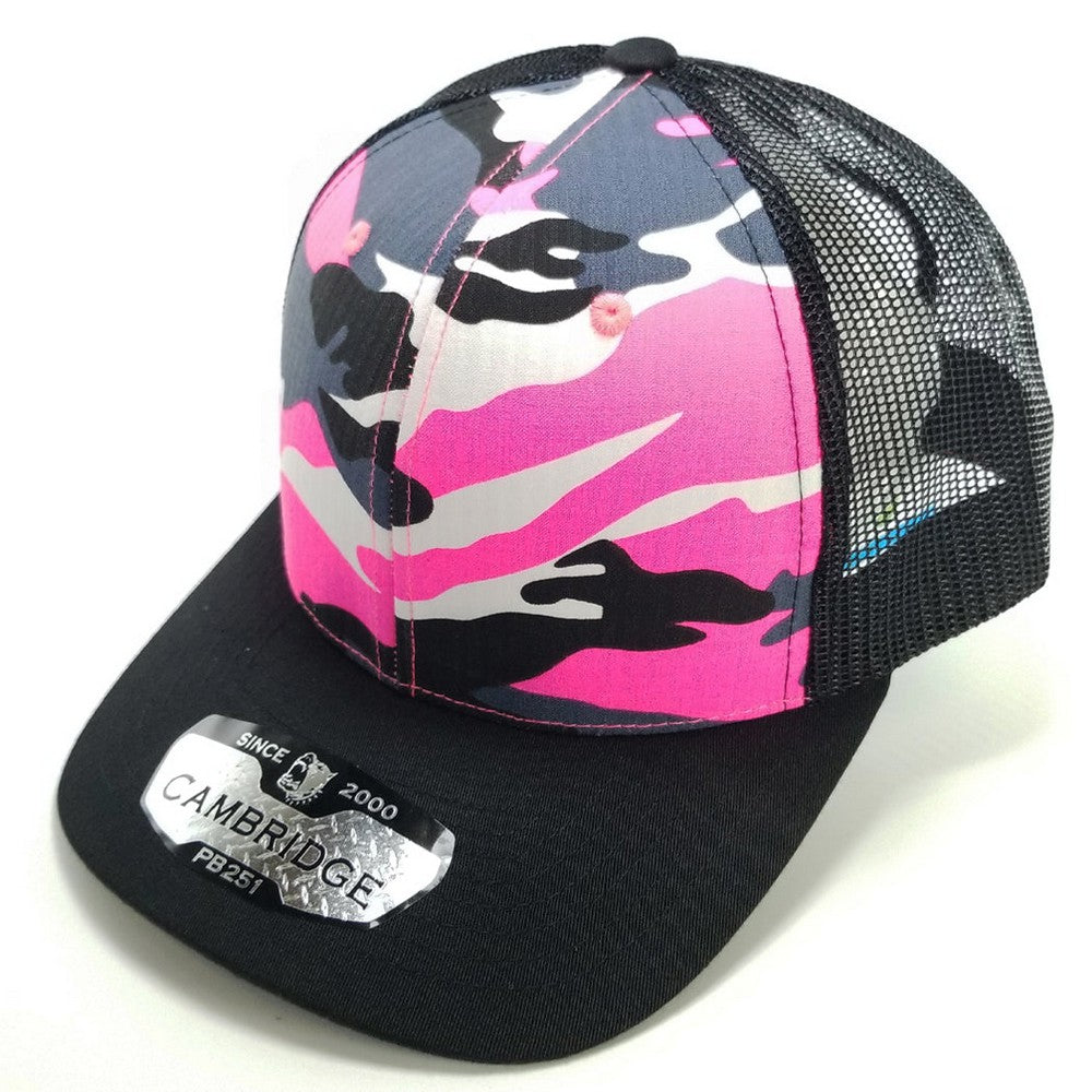 A pack of 6 CAMBRIDGE 6 Panel Camo Trucker hats featuring a classic camo design and durable polyester material.