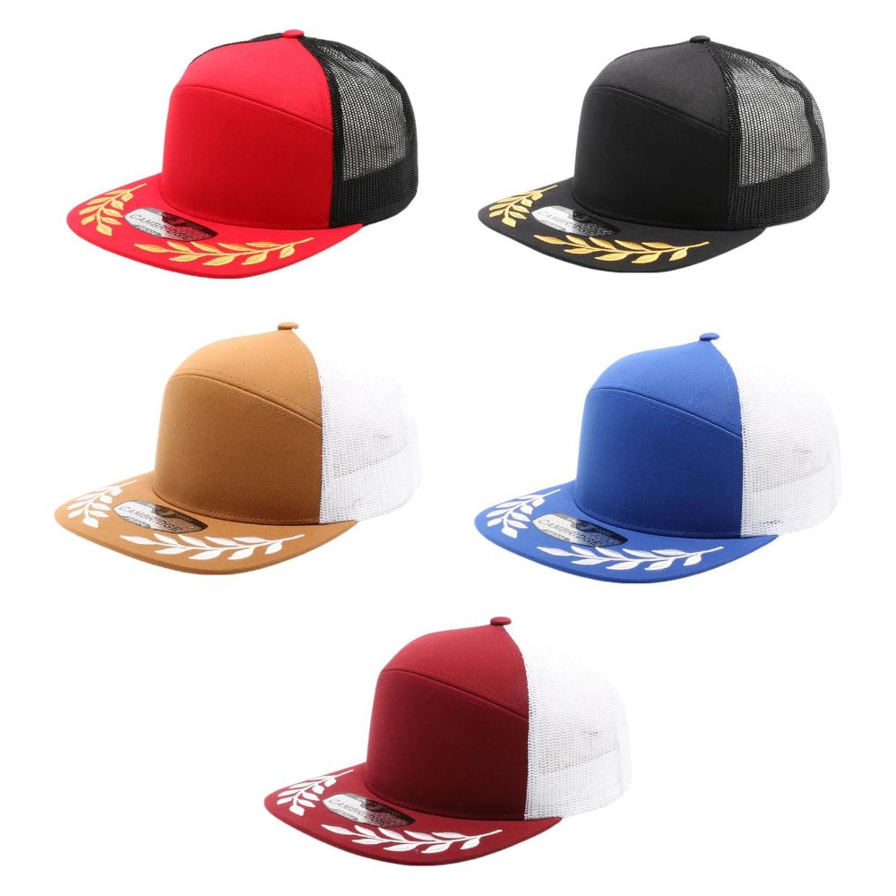 CAMBRIDGE 6 PANEL CAMPER BEAF LEAF TRUCKER hat featuring a structured design, flat visor, and adjustable snapback for a comfortable fit.