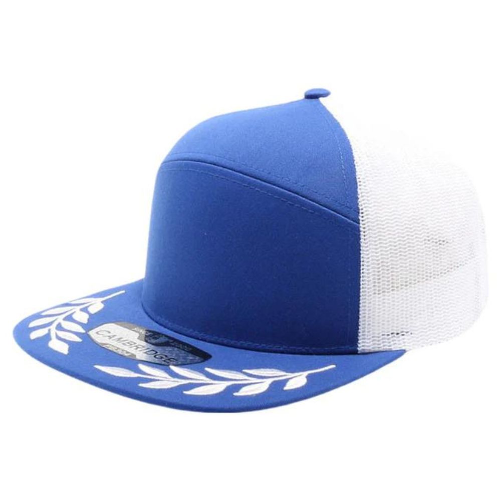 CAMBRIDGE 6 PANEL CAMPER BEAF LEAF TRUCKER hat featuring a structured design, flat visor, and adjustable snapback for a comfortable fit.