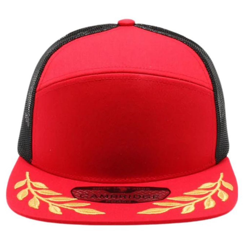 CAMBRIDGE 6 PANEL CAMPER BEAF LEAF TRUCKER hat featuring a structured design, flat visor, and adjustable snapback for a comfortable fit.