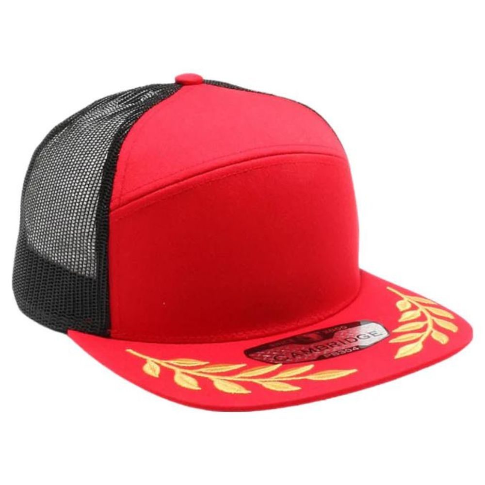 CAMBRIDGE 6 PANEL CAMPER BEAF LEAF TRUCKER hat featuring a structured design, flat visor, and adjustable snapback for a comfortable fit.