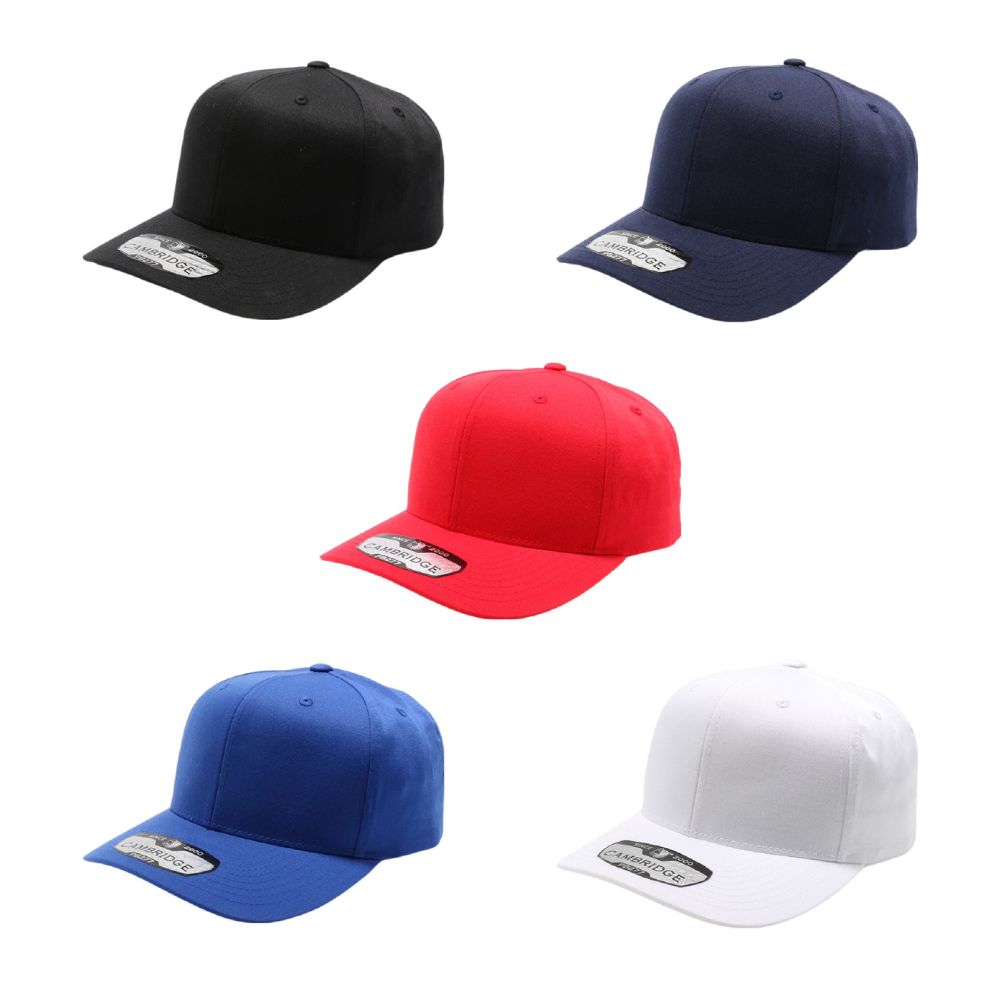 Cambridge 6 Panel Snapback pack of 6 in various colors, showcasing high-profile design and curved visor.
