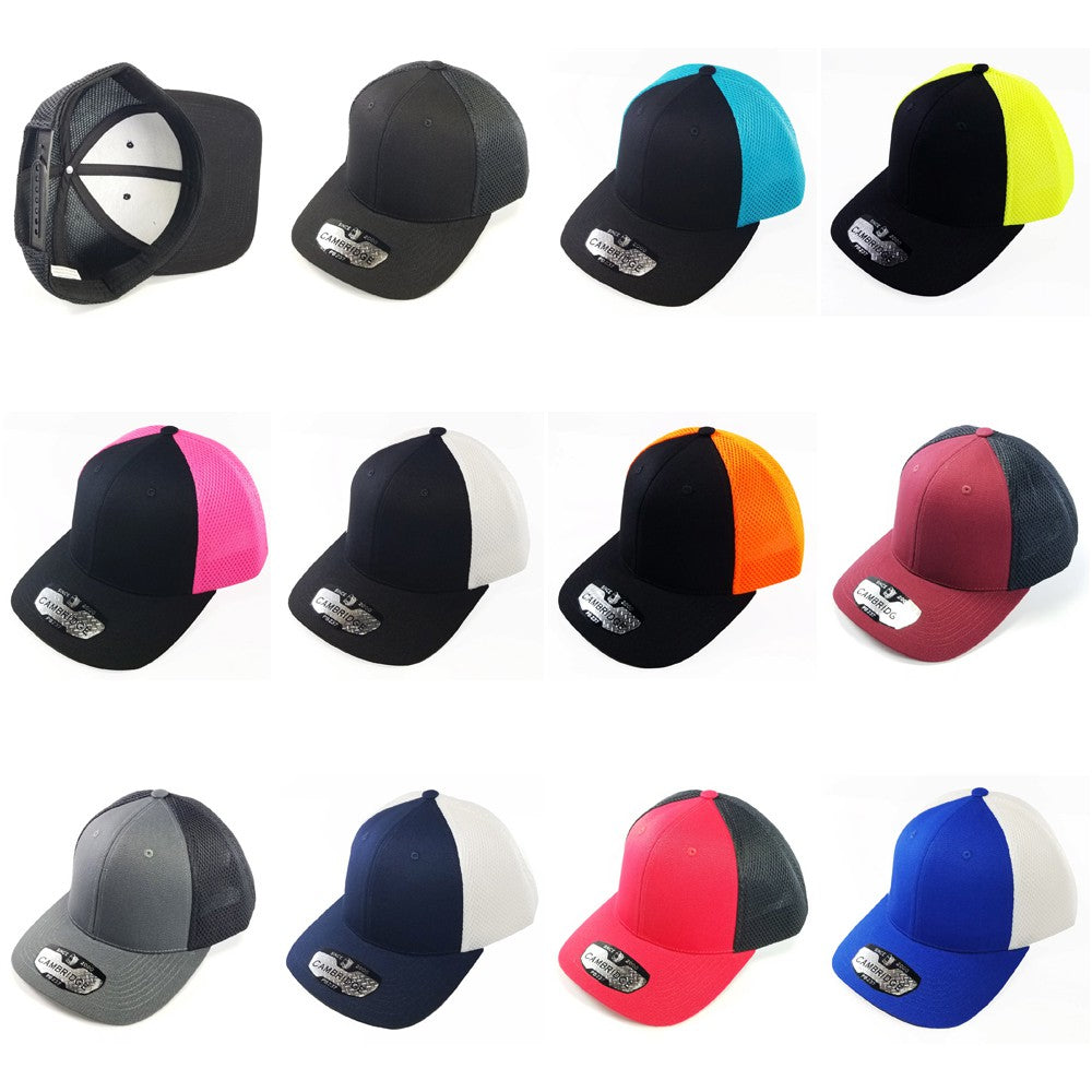 Cambridge Micro Mesh Back Trucker Hat pack of 6, featuring a classic design with a mid-profile crown and curved visor, made from cotton-poly blend.