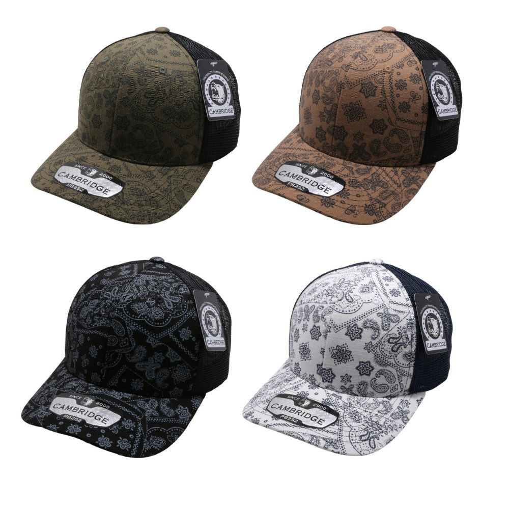 Cambridge Paisley Mesh Trucker Hat pack of 6 featuring a stylish paisley design, mid-profile crown, and curved visor.