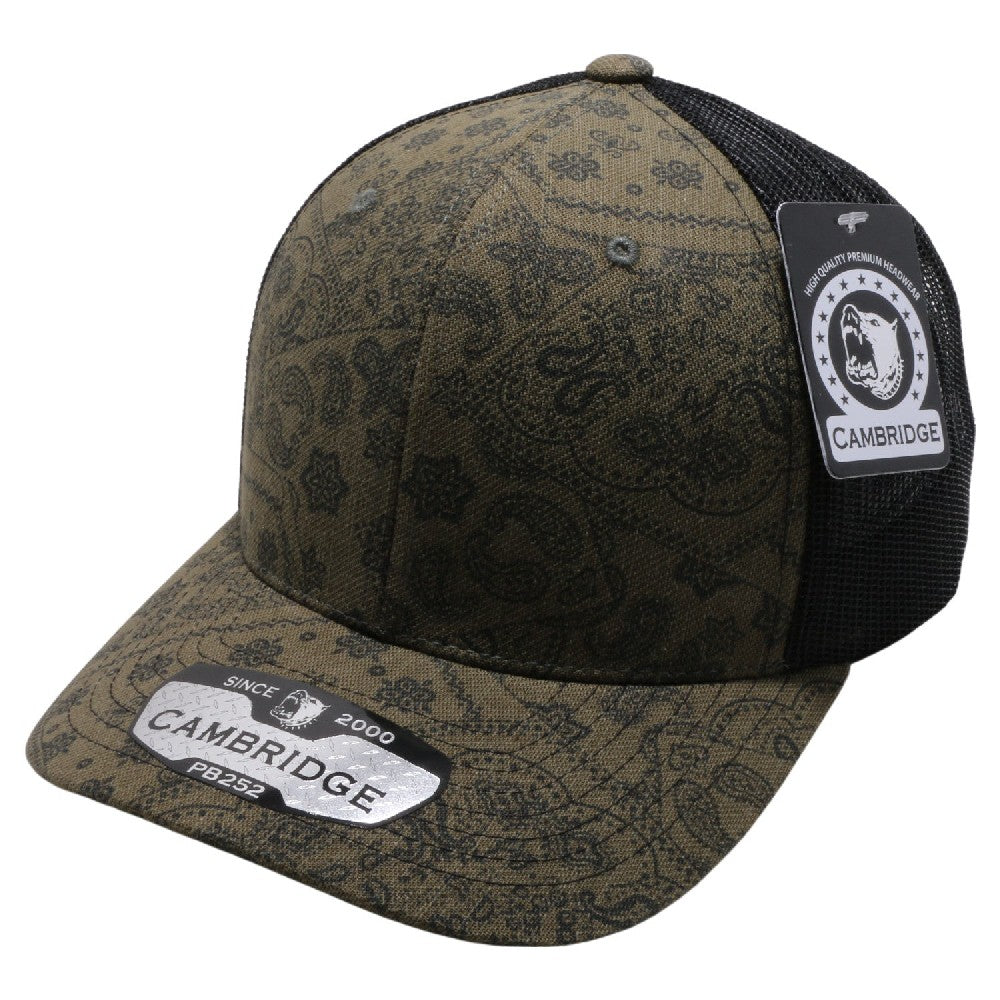 Cambridge Paisley Mesh Trucker Hat pack of 6 featuring a stylish paisley design, mid-profile crown, and curved visor.