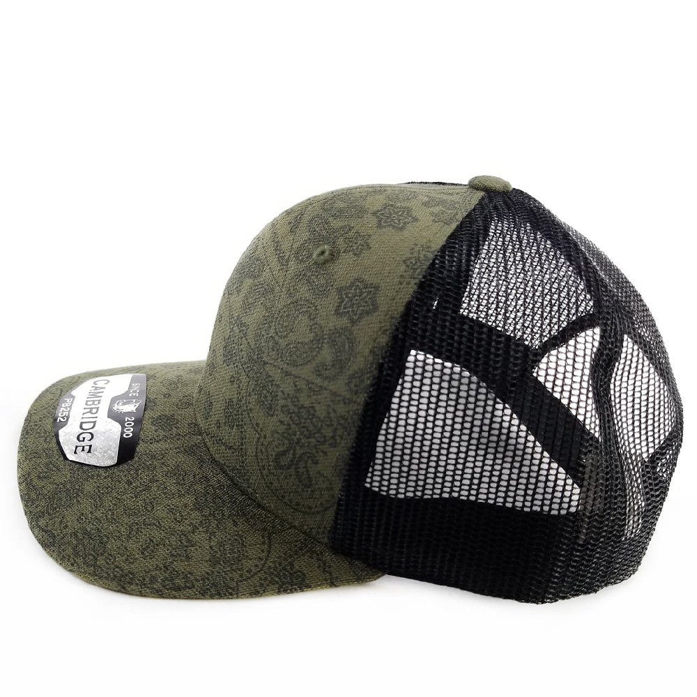 Cambridge Paisley Mesh Trucker Hat pack of 6 featuring a stylish paisley design, mid-profile crown, and curved visor.