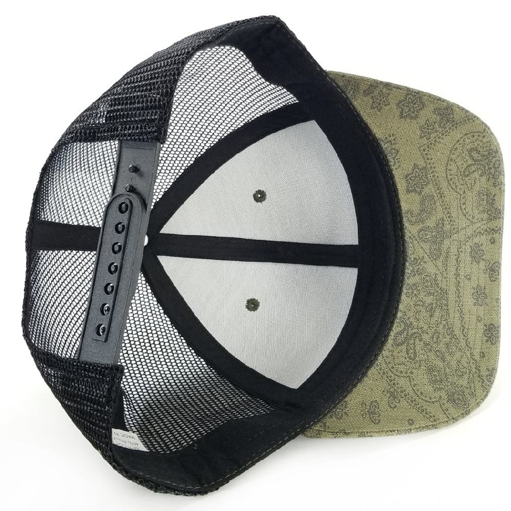 Cambridge Paisley Mesh Trucker Hat pack of 6 featuring a stylish paisley design, mid-profile crown, and curved visor.