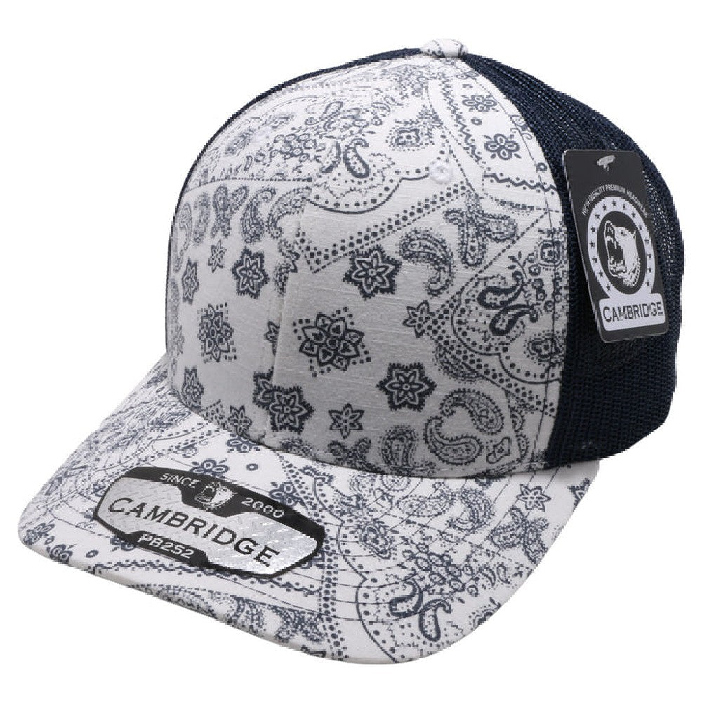 Cambridge Paisley Mesh Trucker Hat pack of 6 featuring a stylish paisley design, mid-profile crown, and curved visor.