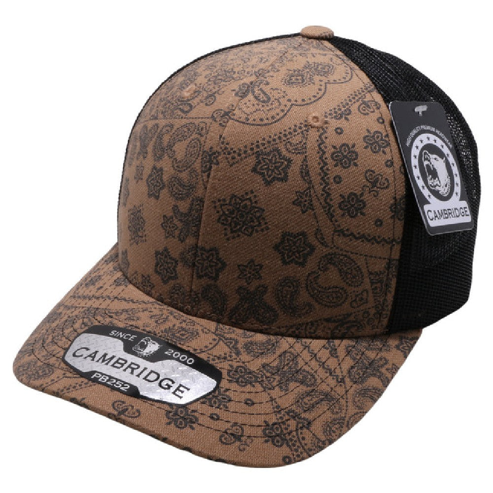 Cambridge Paisley Mesh Trucker Hat pack of 6 featuring a stylish paisley design, mid-profile crown, and curved visor.
