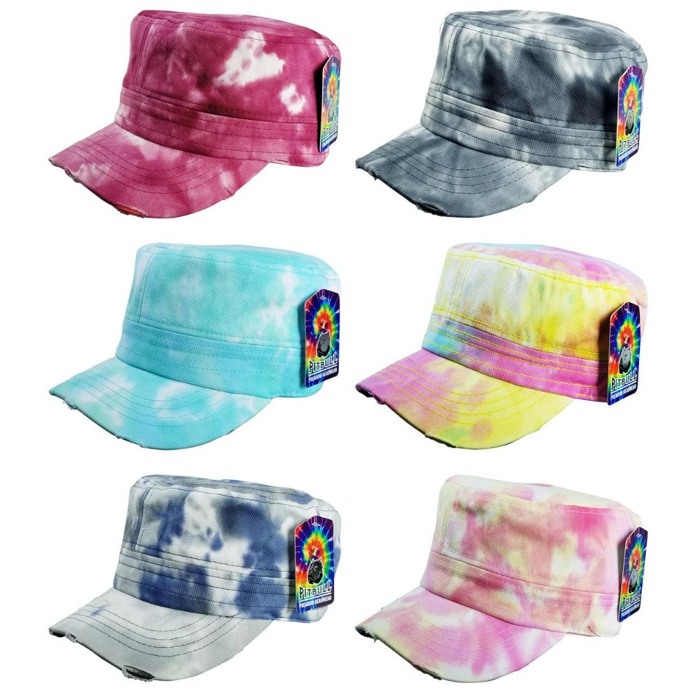 A vibrant pack of six CAMBRIDGE PLAIN TIE DYE CASTRO CAPS, showcasing unique tie-dye patterns in various colors, made from 100% cotton.