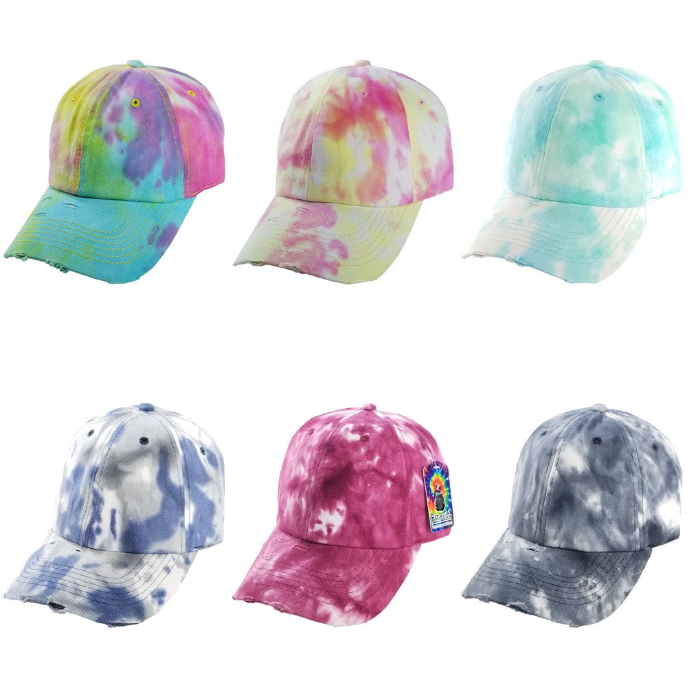 A pack of six CAMBRIDGE Plain Tie Dye Vintage Cotton Dad Hats featuring unique tie-dye patterns, adjustable brass buckle, and curved visor.