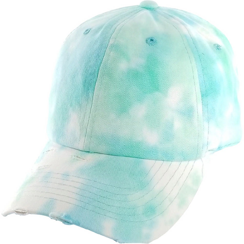 A pack of six CAMBRIDGE Plain Tie Dye Vintage Cotton Dad Hats featuring unique tie-dye patterns, adjustable brass buckle, and curved visor.