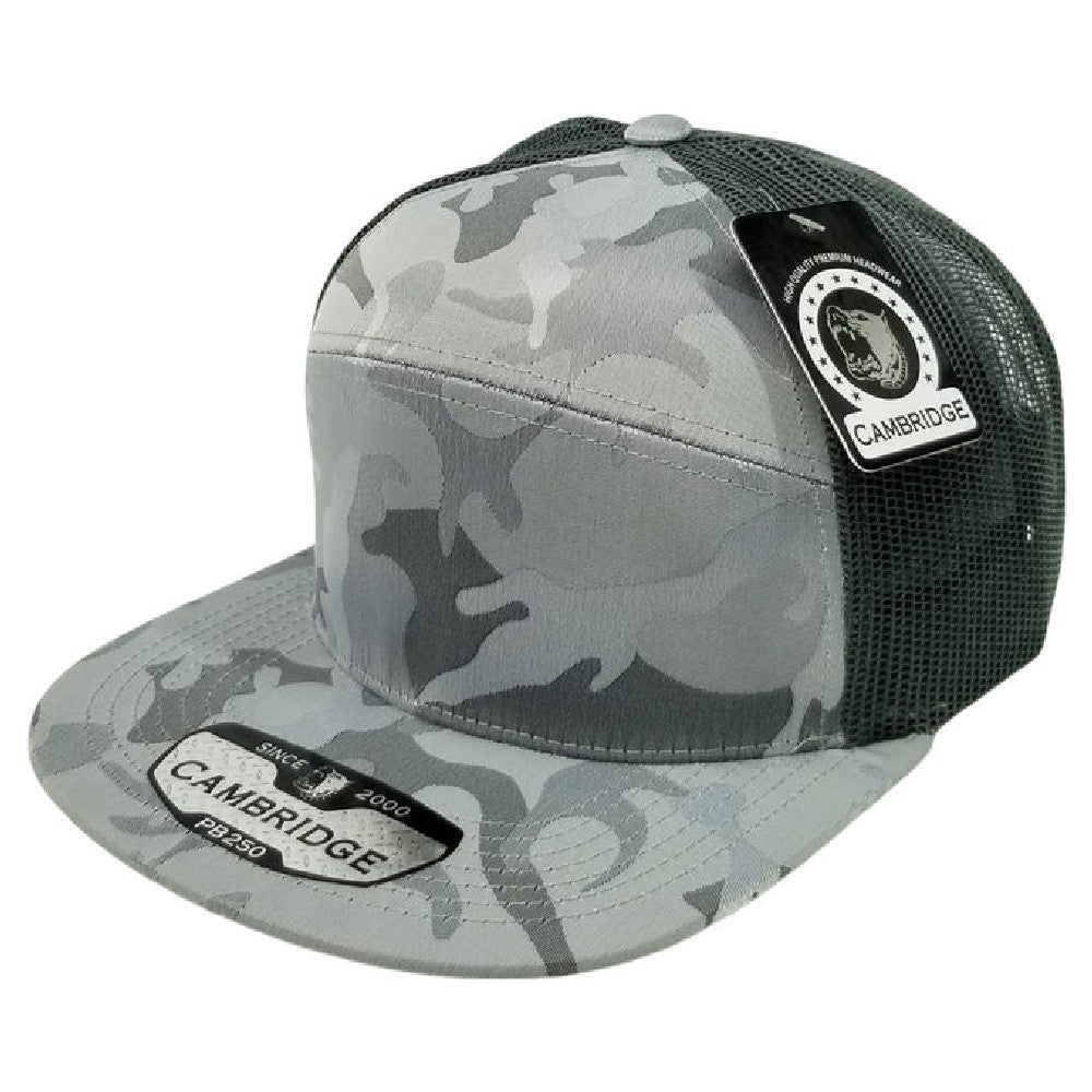Pack of 6 Cambridge Shiny Camo Camper Mesh Trucker hats featuring a stylish camouflage design and flat visor.