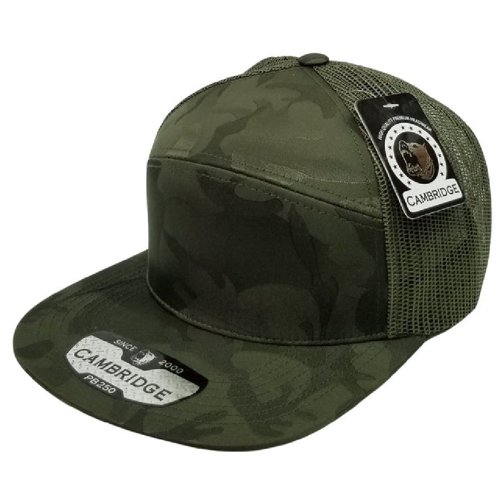 Pack of 6 Cambridge Shiny Camo Camper Mesh Trucker hats featuring a stylish camouflage design and flat visor.