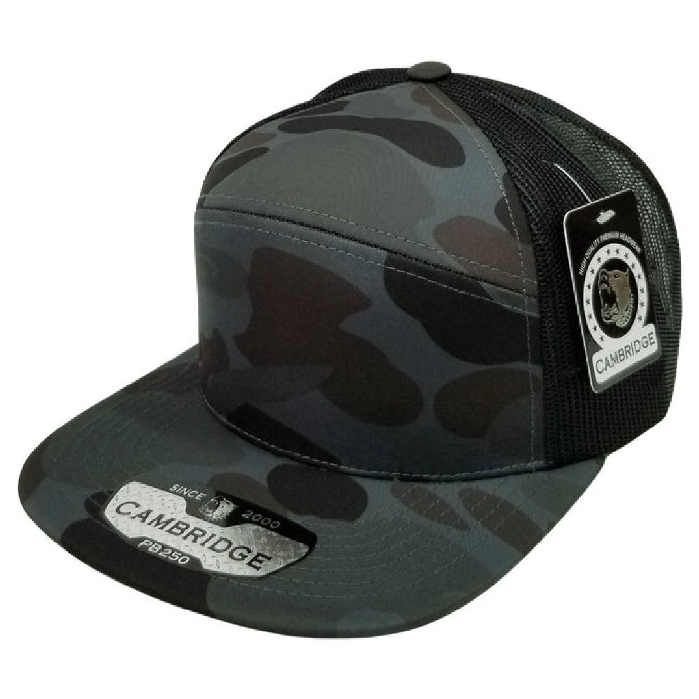 Pack of 6 Cambridge Shiny Camo Camper Mesh Trucker hats featuring a stylish camouflage design and flat visor.