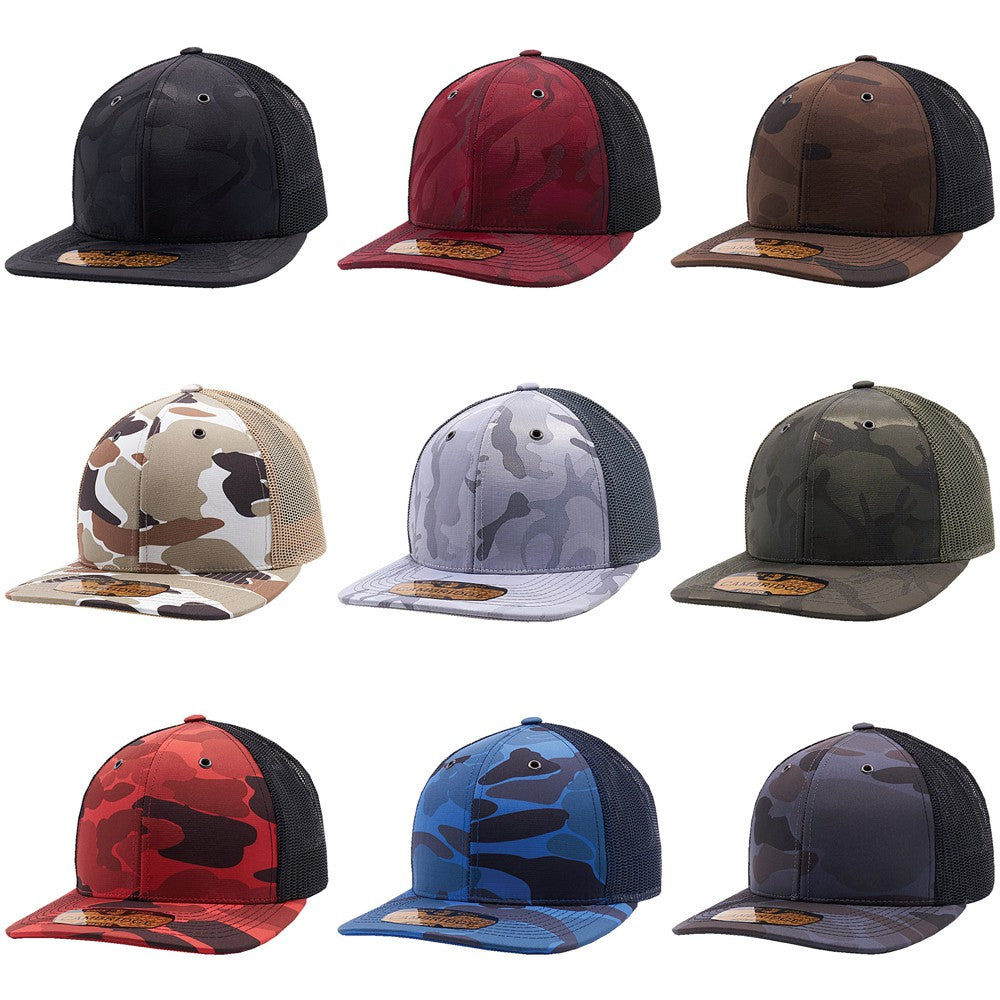 A pack of six Cambridge Shiny Camo Trucker Hats featuring a classic mid-profile design and premium camouflage fabric.