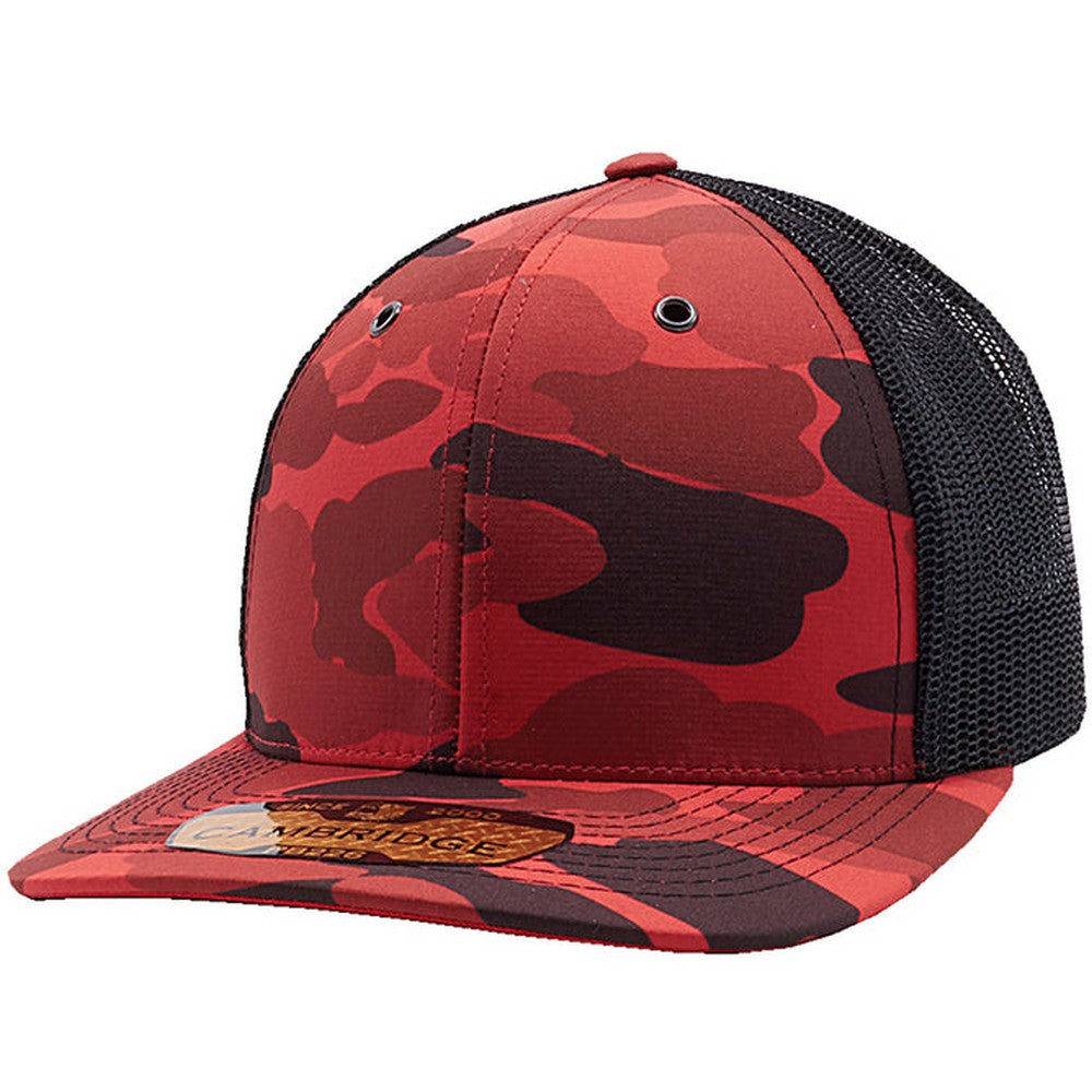 A pack of six Cambridge Shiny Camo Trucker Hats featuring a classic mid-profile design and premium camouflage fabric.