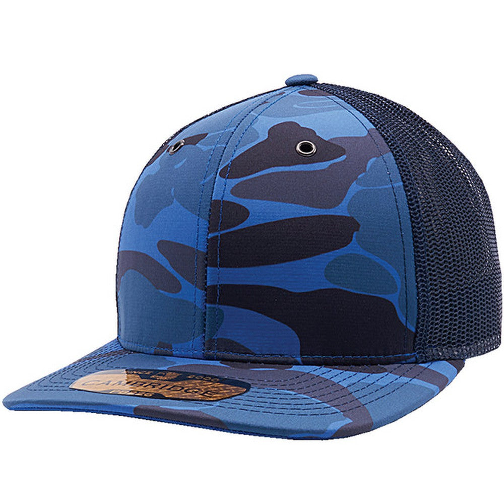 A pack of six Cambridge Shiny Camo Trucker Hats featuring a classic mid-profile design and premium camouflage fabric.