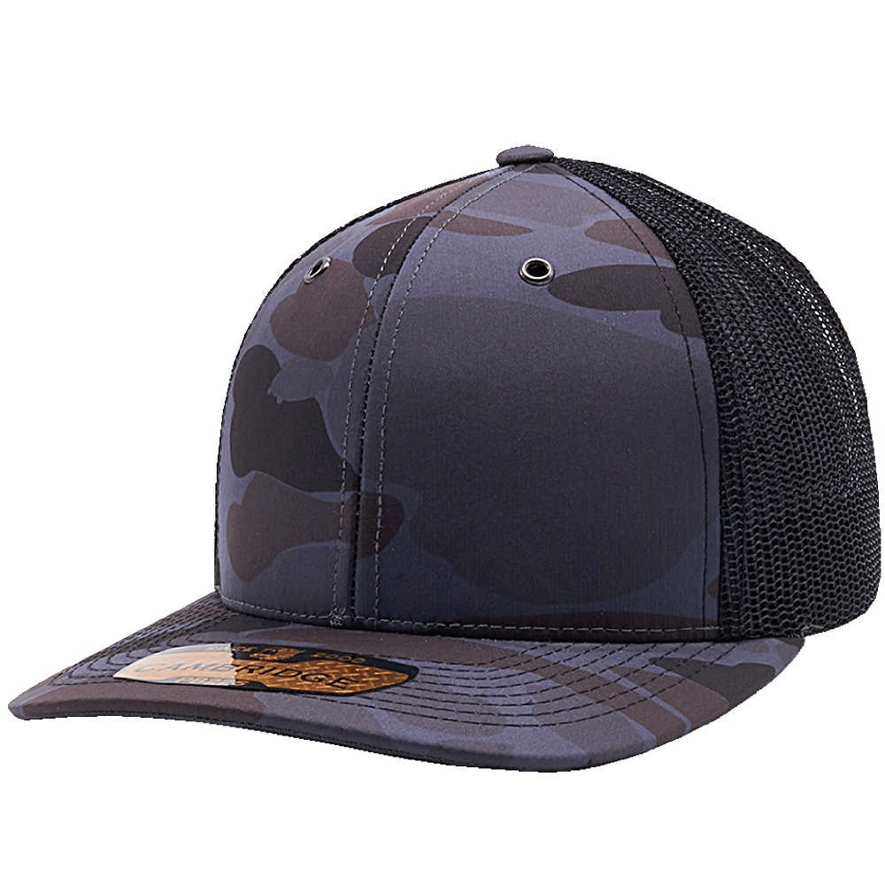 A pack of six Cambridge Shiny Camo Trucker Hats featuring a classic mid-profile design and premium camouflage fabric.