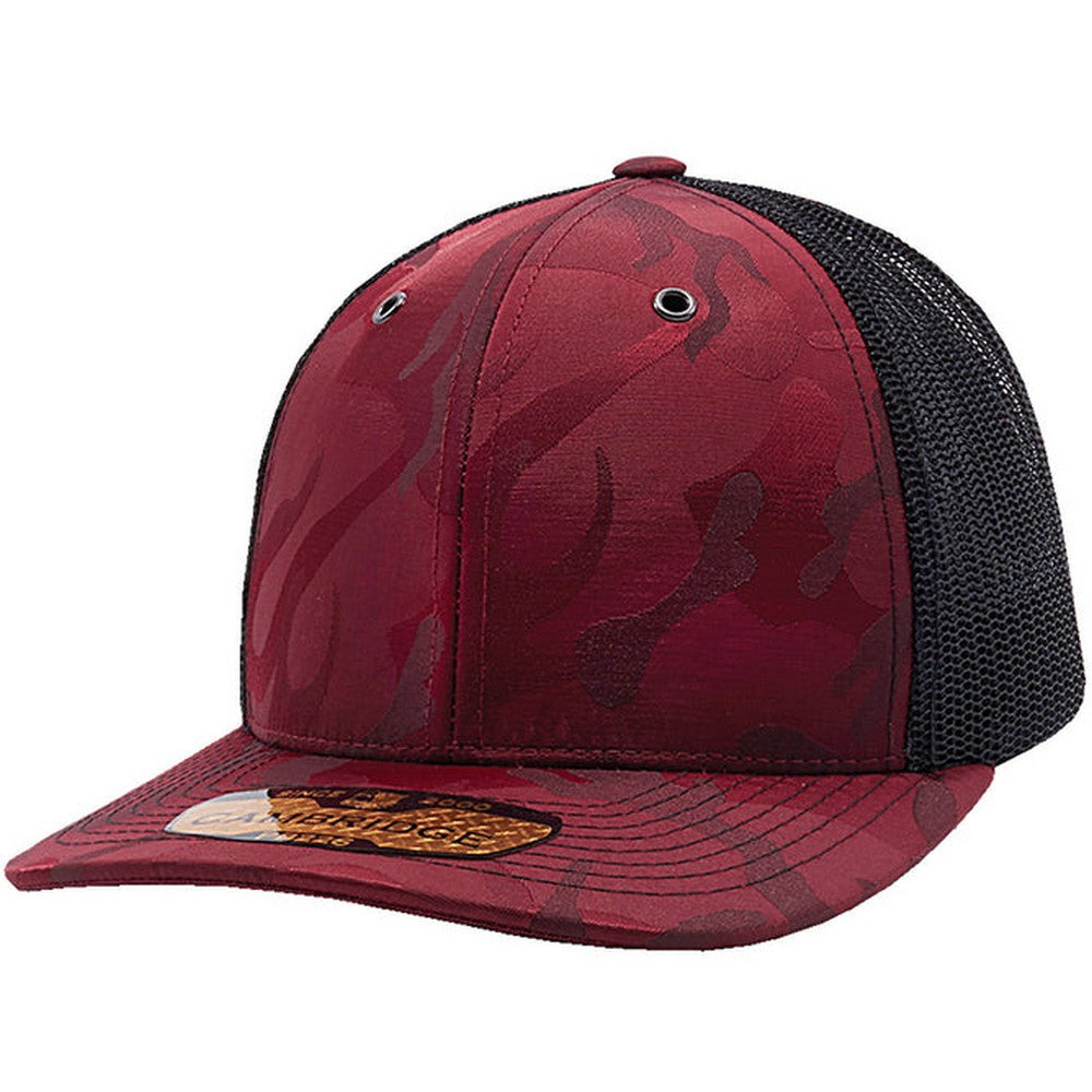 A pack of six Cambridge Shiny Camo Trucker Hats featuring a classic mid-profile design and premium camouflage fabric.