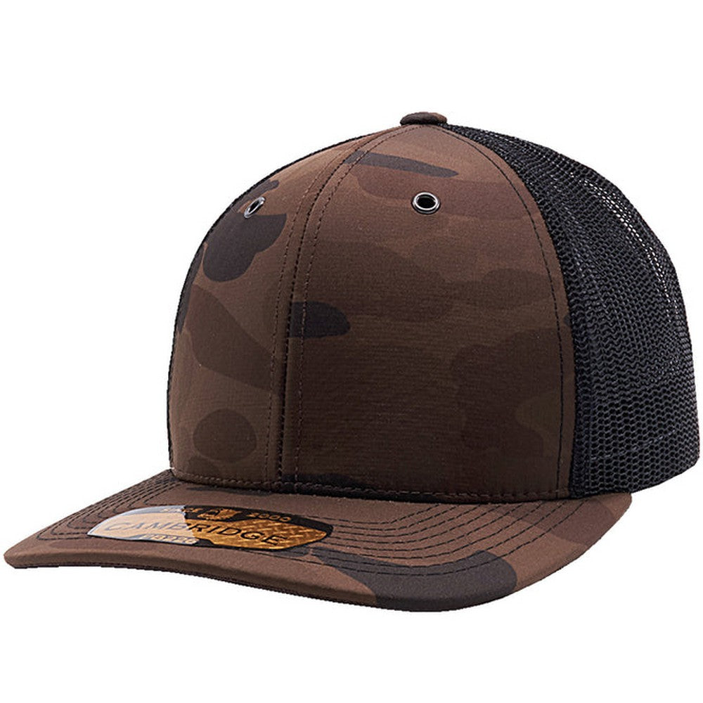 A pack of six Cambridge Shiny Camo Trucker Hats featuring a classic mid-profile design and premium camouflage fabric.