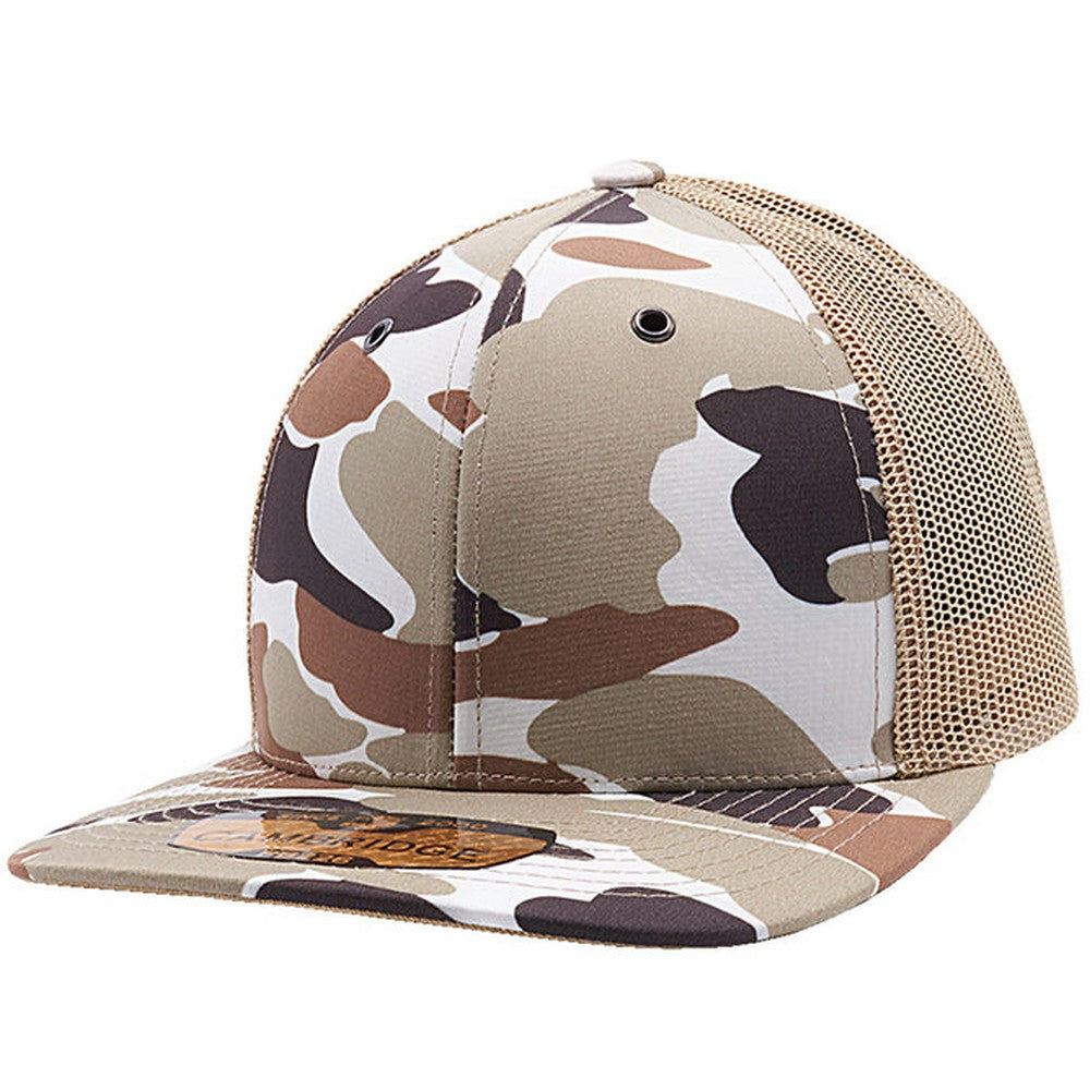 A pack of six Cambridge Shiny Camo Trucker Hats featuring a classic mid-profile design and premium camouflage fabric.