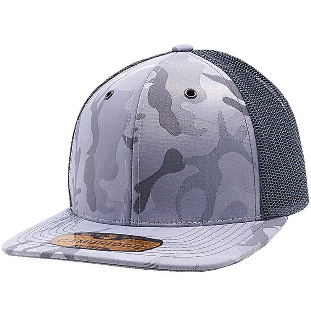 A pack of six Cambridge Shiny Camo Trucker Hats featuring a classic mid-profile design and premium camouflage fabric.
