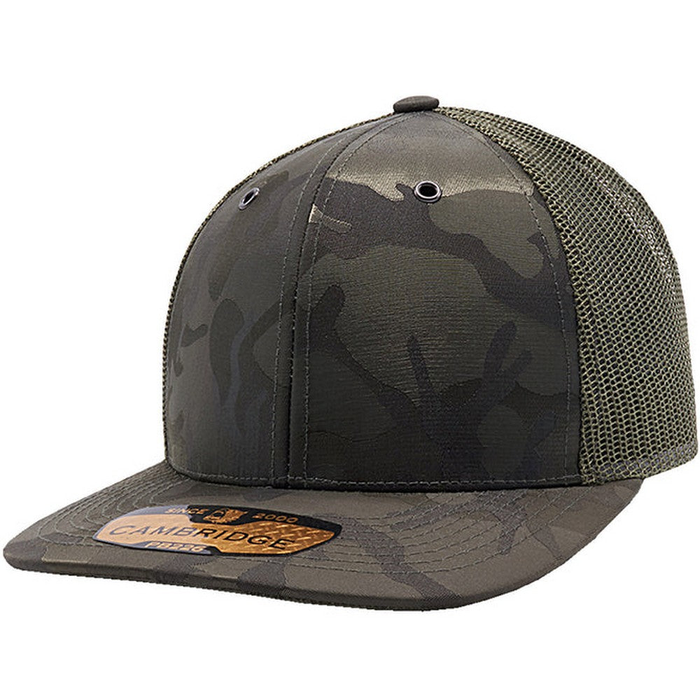 A pack of six Cambridge Shiny Camo Trucker Hats featuring a classic mid-profile design and premium camouflage fabric.