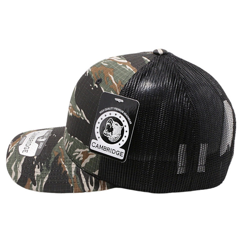 A pack of six Cambridge Trucker Hats featuring a classic design with a mid-profile crown and curved visor, made from cotton-poly fabric.