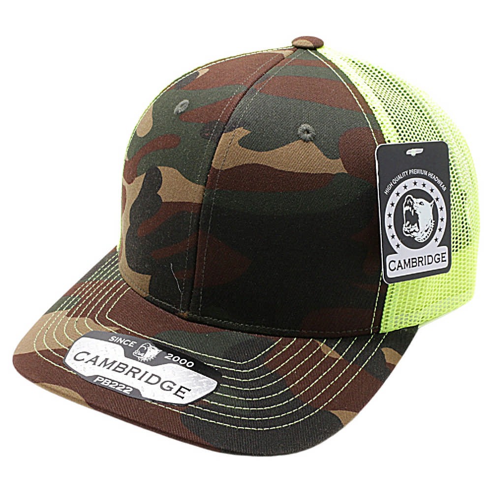 A pack of six Cambridge Trucker Hats featuring a classic design with a mid-profile crown and curved visor, made from cotton-poly fabric.