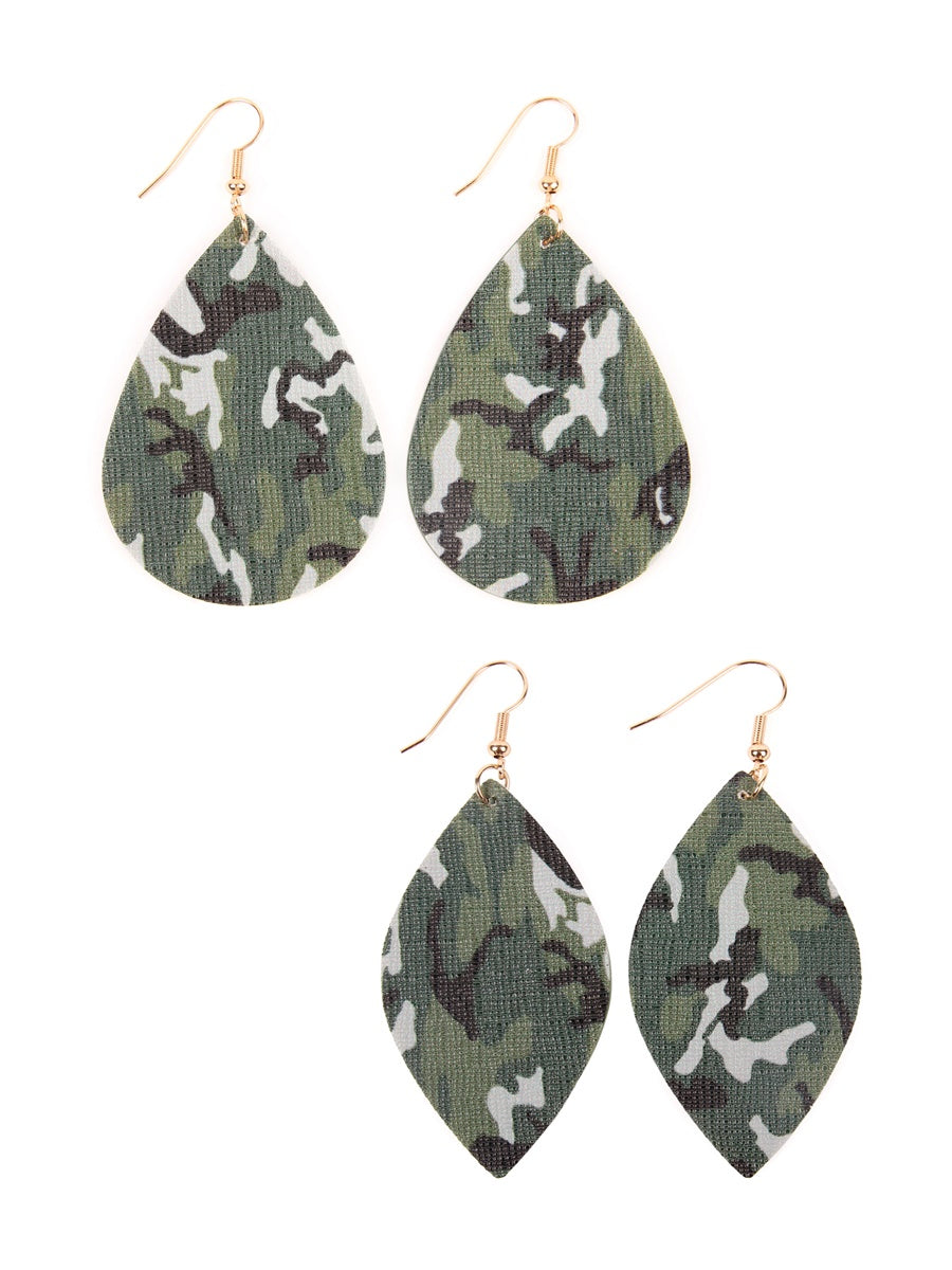 Stylish camouflage leather drop dangle earrings by DOBBI, showcasing a unique design and lightweight material.