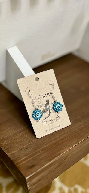 Capri Blue and Silver Etched Glass Wild Rose Flower Dangle Earrings showcasing intricate etching and a vintage-inspired design.