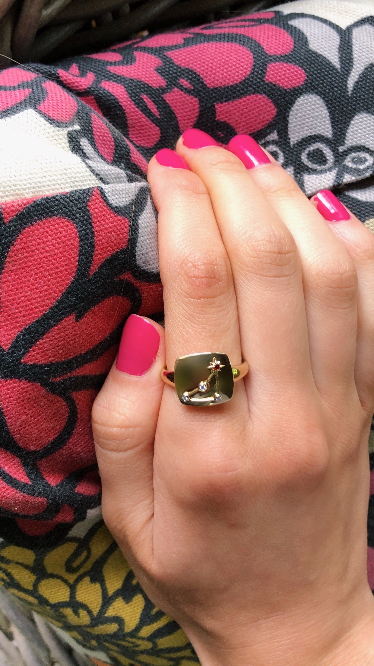 Capricorn Goat Garnet & Diamond Constellation Signet Ring in 14K Yellow Gold Vermeil with garnet and diamond accents.