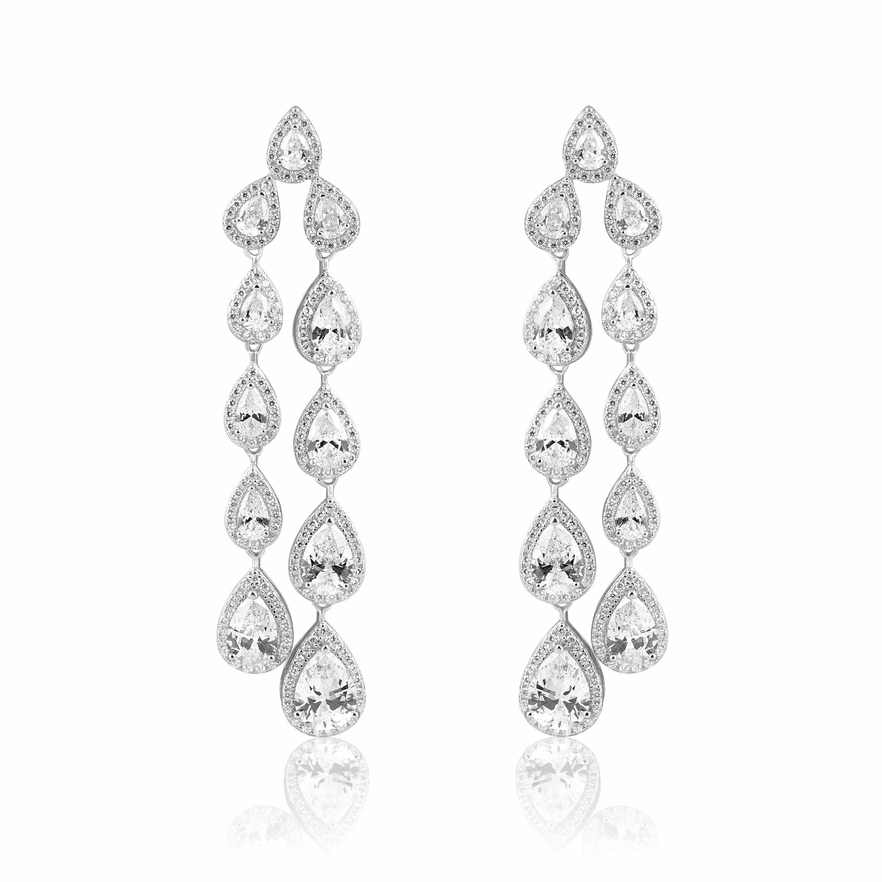 Elegant Carrington Cz Drop Earrings featuring large and mini cz stones set in sterling silver, showcasing a stunning 2.5-inch drop design.