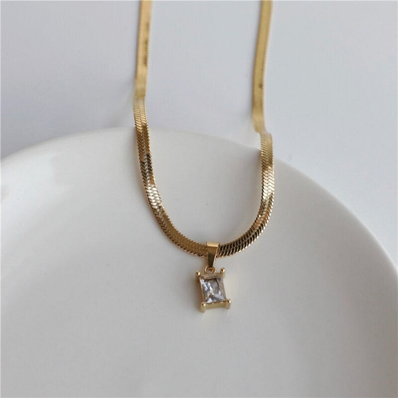 Cassidy Snake Chain Crystal Charm Necklace featuring multi-coloured zircon crystals and a gold-plated stainless steel snake chain.