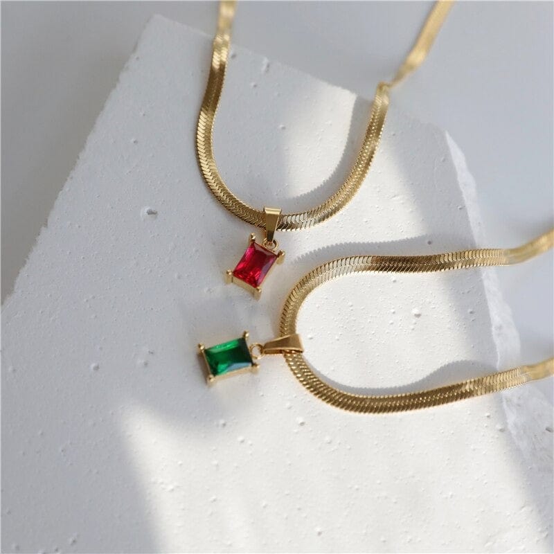 Cassidy Snake Chain Crystal Charm Necklace featuring multi-coloured zircon crystals and a gold-plated stainless steel snake chain.