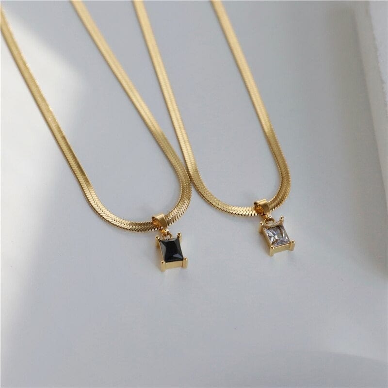 Cassidy Snake Chain Crystal Charm Necklace featuring multi-coloured zircon crystals and a gold-plated stainless steel snake chain.