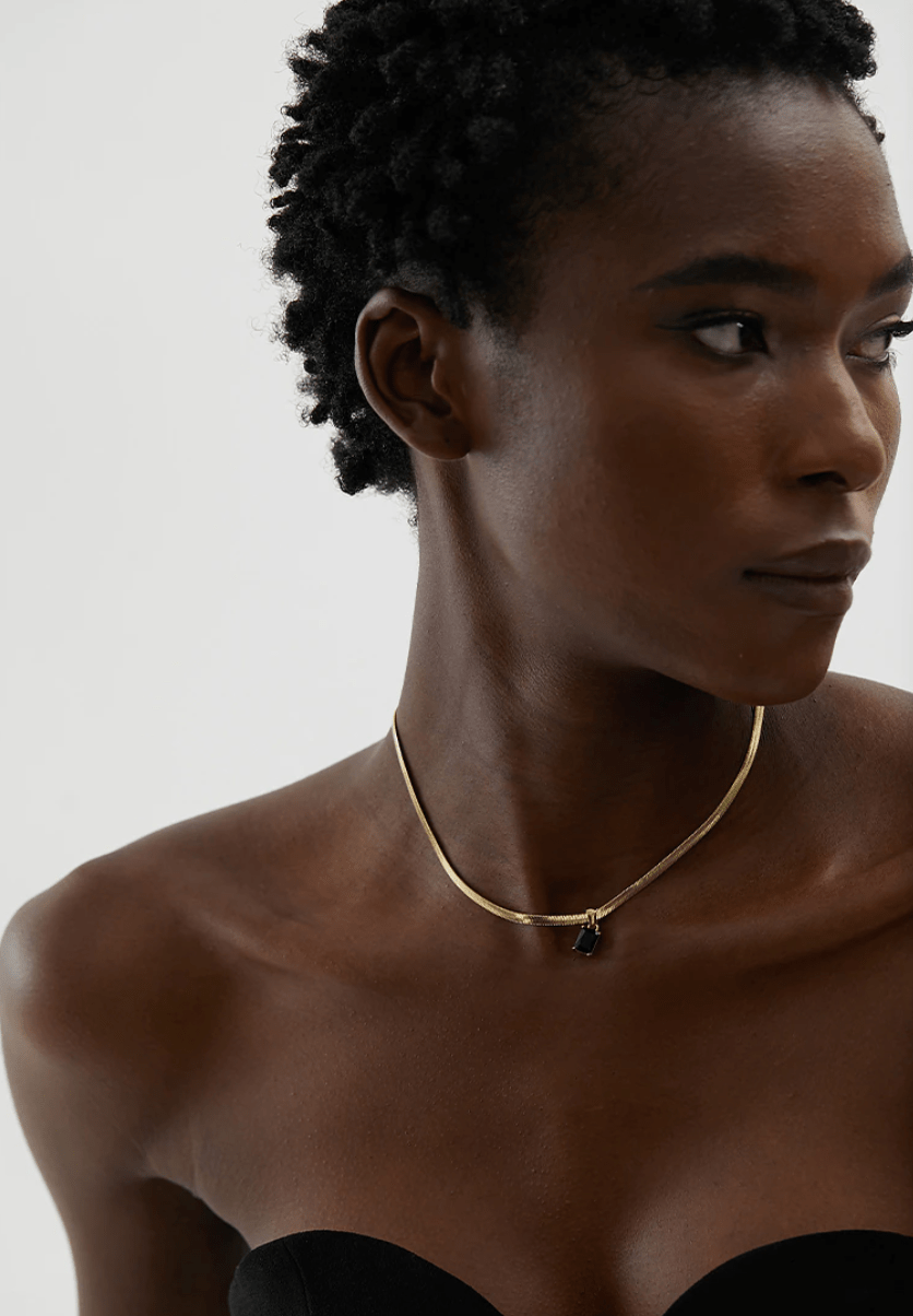 Cassidy Snake Chain Crystal Charm Necklace featuring multi-coloured zircon crystals and a gold-plated stainless steel snake chain.