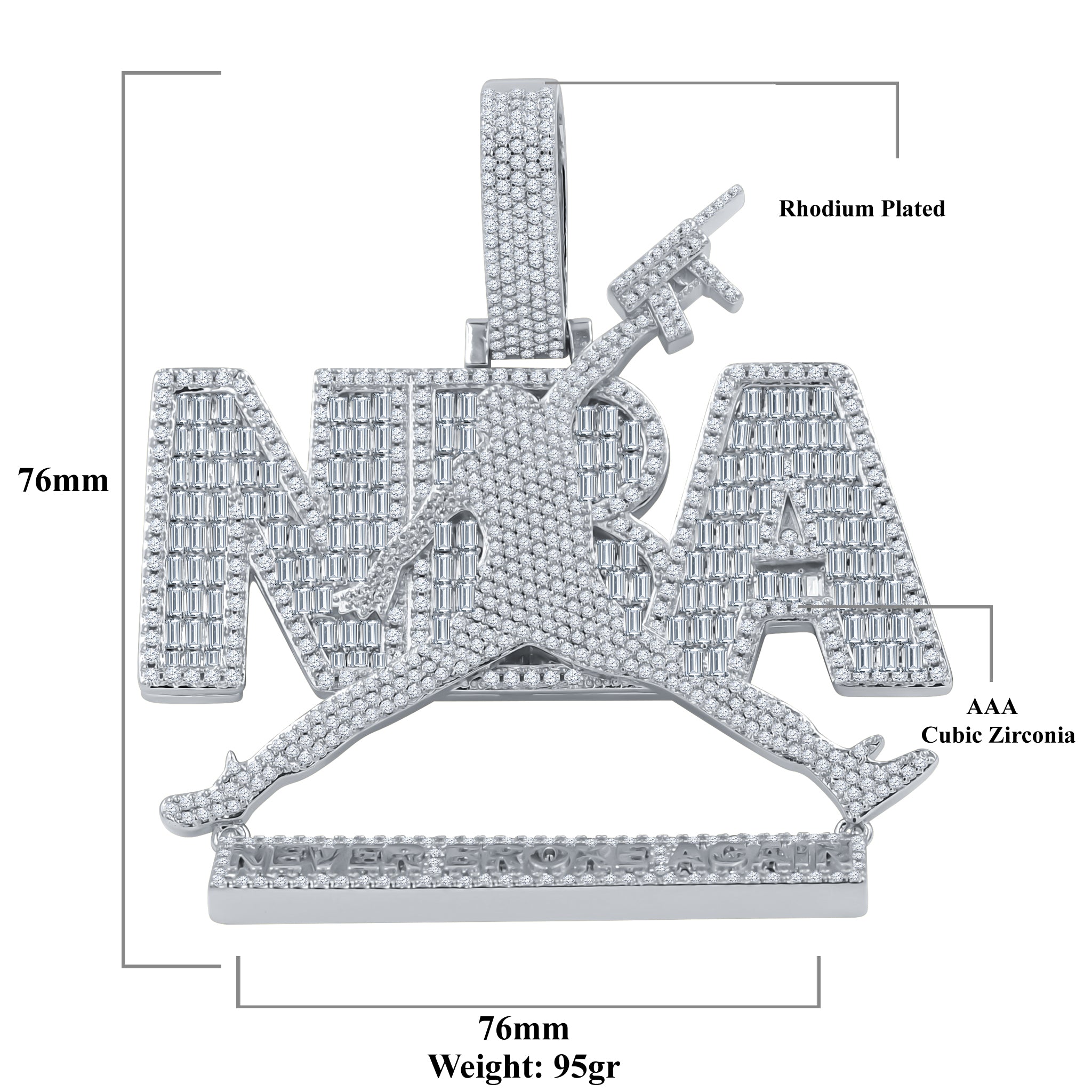 CEASELESS Moissanite Pendant featuring 'Never Broke Again' engraving on brass, adorned with hand-set cubic zircon stones.