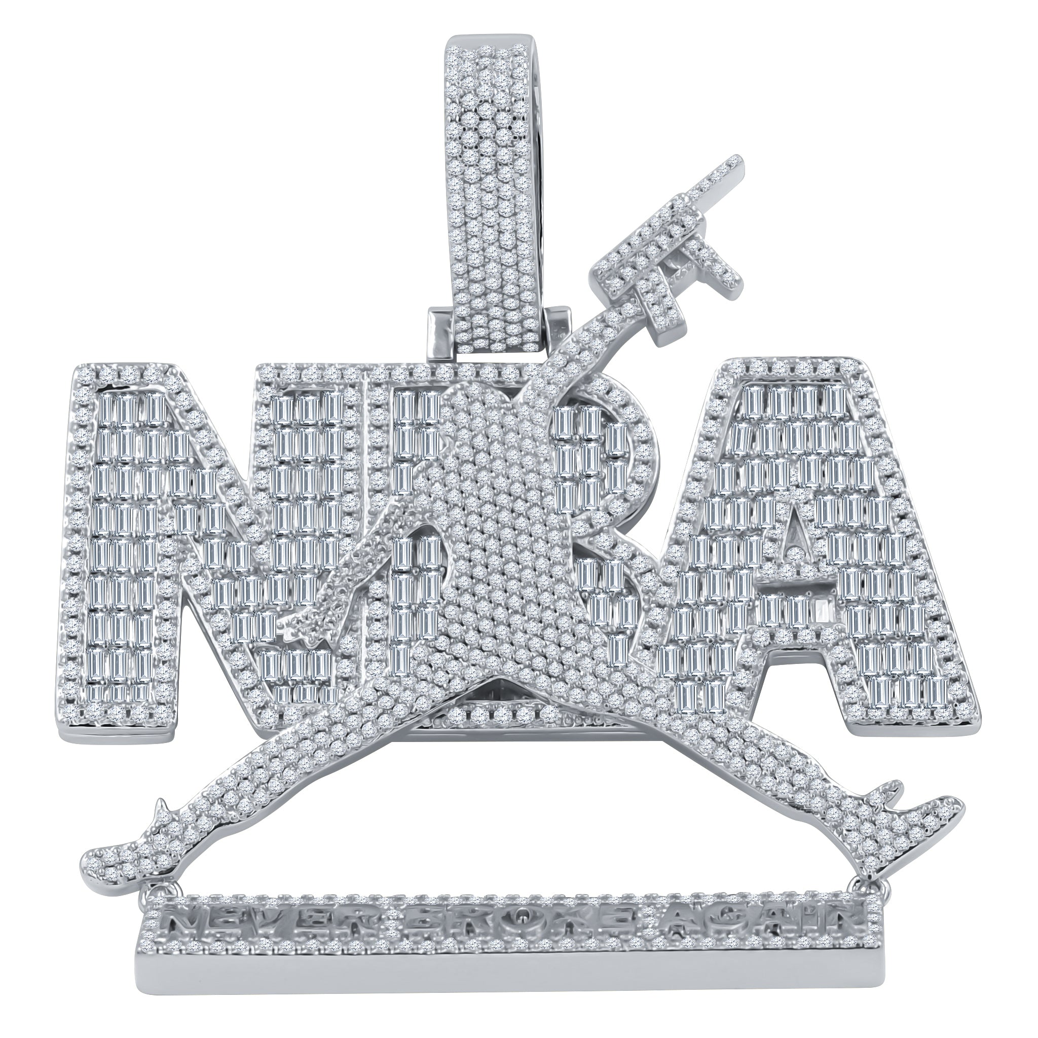 CEASELESS Moissanite Pendant featuring 'Never Broke Again' engraving on brass, adorned with hand-set cubic zircon stones.