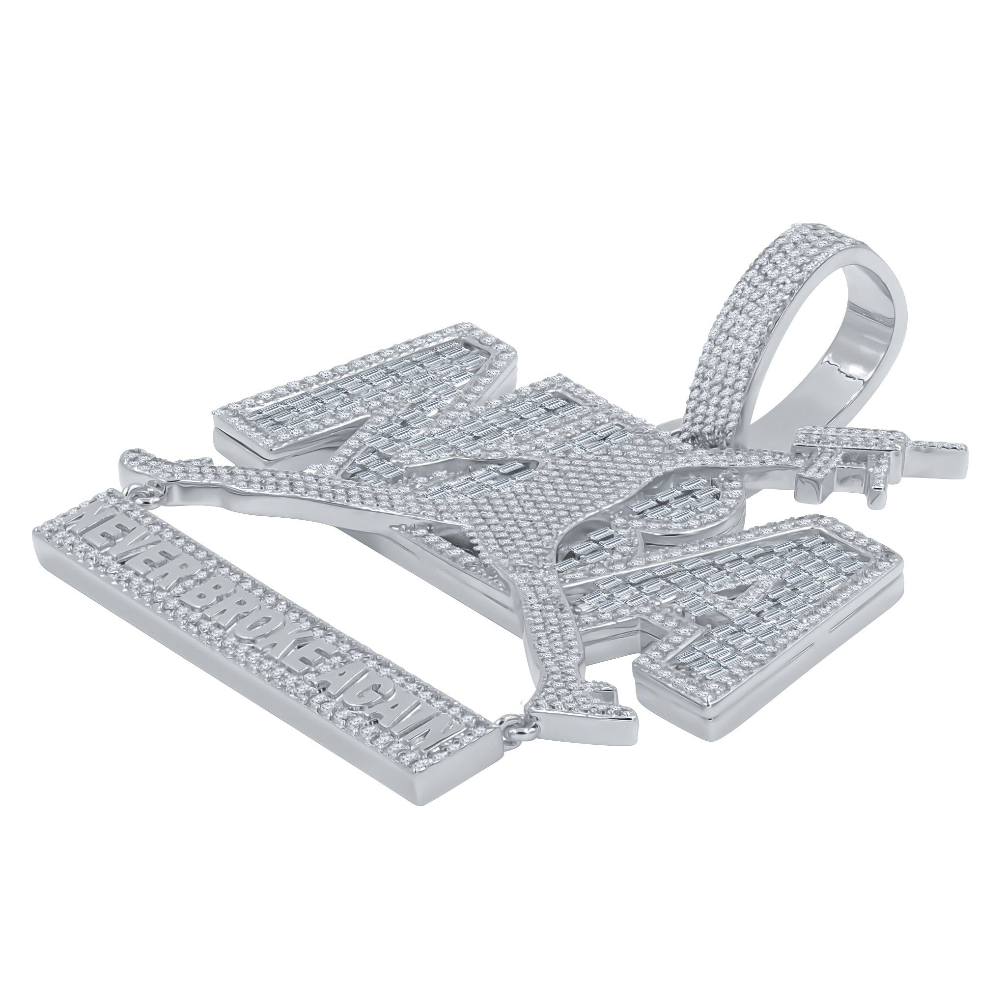 CEASELESS Moissanite Pendant featuring 'Never Broke Again' engraving on brass, adorned with hand-set cubic zircon stones.